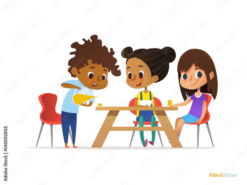 Happy kids having breakfast by themselves. Two girls eating morning meals at table and boy pouring drink into glass. Child nutrition concept. Vector illustration for banner, poster, website, flyer. Happy kids having breakfast by themselves. Two girls eating morning meals at table and boy pouring drink into glass. Child nutrition concept. Vector illustration for banner, poster, website, flyer.
