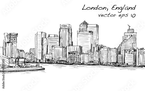 sketch cityscape of London, England, show skyline and buildings along Thames river, illustration vector