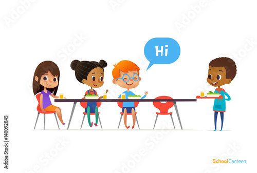 Multiracial kids sitting at table in school canteen and greeting newcomer boy holding tray with food. Children s relationships concept. Vector illustration for banner, website, poster, advertisement.