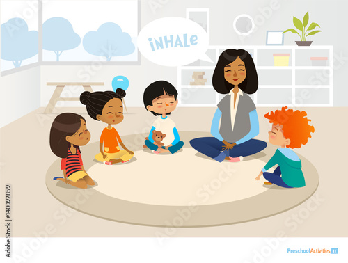 Smiling kindergarten teacher and children sitting in circle and meditating. Preschool activities and early childhood education concept. Vector illustration for banner, website, poster, advertisement.