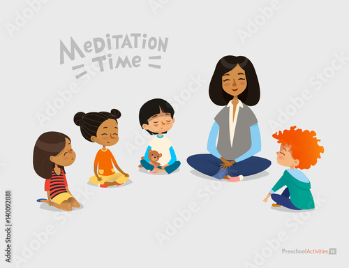 Preschool female teacher and smiling kids sitting in circle on floor and doing yoga exercise. Meditation lesson in kindergarten concept. Vector illustration for banner, website, poster, postcard.