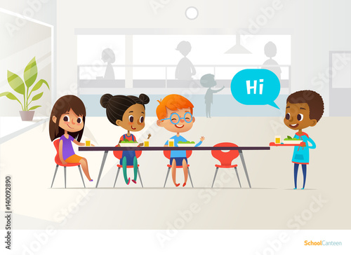 New pupil carrying tray of food and greeting classmates sitting at table in canteen. Children having lunch. Making school friends concept. Vector illustration for banner, website, poster, flyer.