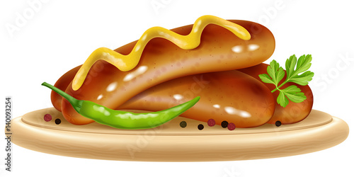 Grilled sausages with chili pepper and mustard on a wooden plate. Vector illustration.