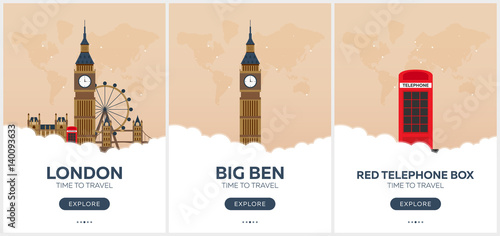 England. London. Time to travel. Set of Travel posters. Vector flat illustration.