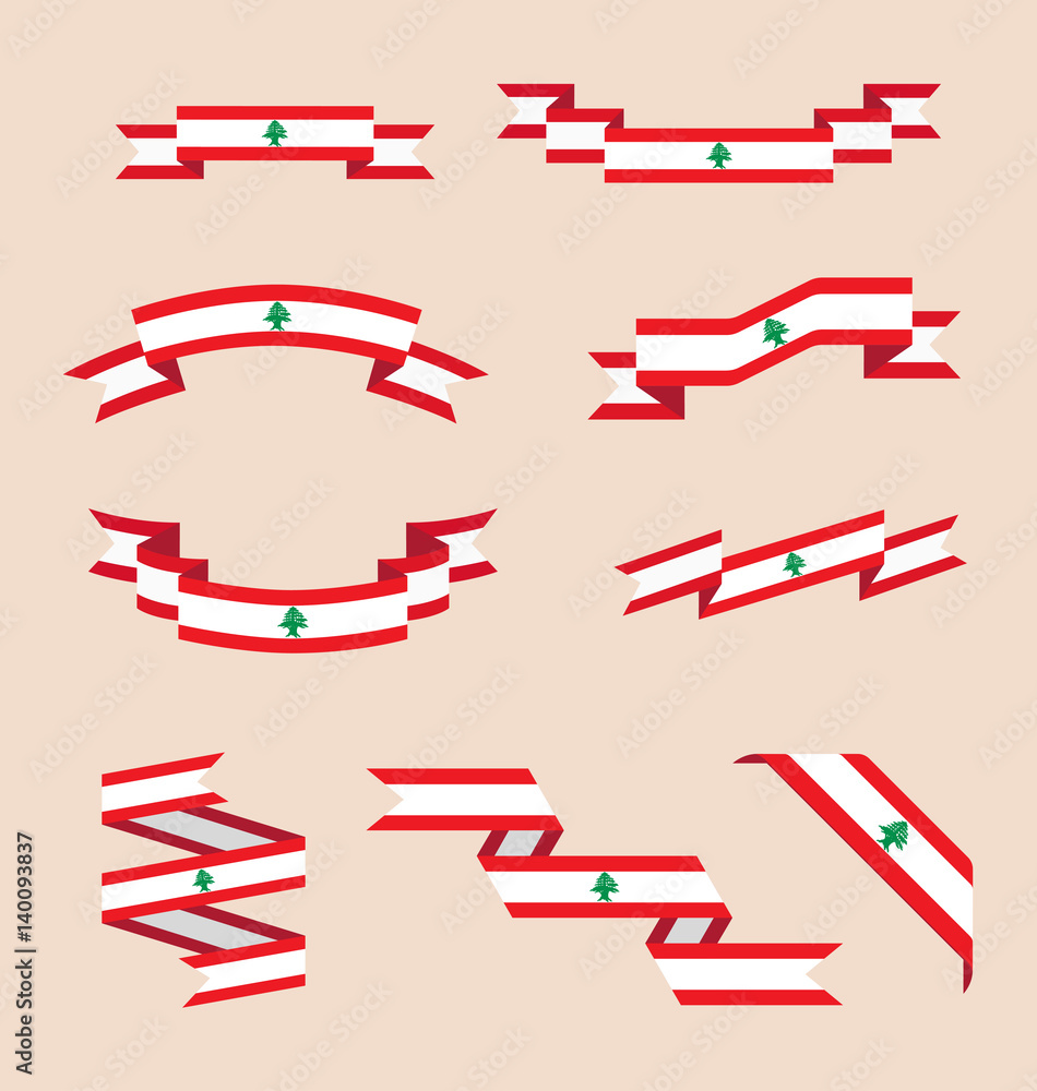 Vector set of scrolled isolated ribbons or banners in colors and with symbol of Lebanese flag.