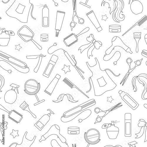 Seamless pattern on the theme of the Barber shop, the tools and accessories of the hairdresser, a simple contour icons, black contour on white background