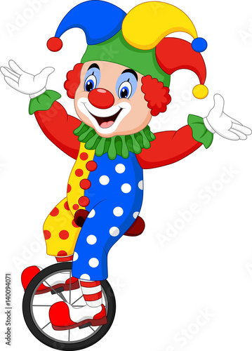 Cartoon clown riding one wheel bike