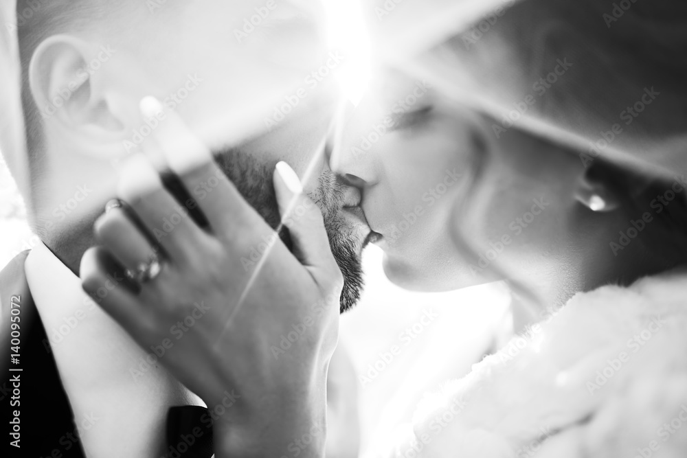 Bride and groom kisses tenderly in the shadow of a flying veil .beautiful pictures. guys enjoy. Sexy kissing stylish couple of lovers close up portrait  . black and white 