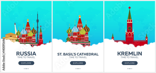 Russia. Moscow. Time to travel. Set of Travel posters. Vector flat illustration.