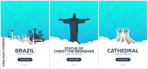 Brazil. Rio de Janeiro. Time to travel. Set of Travel posters. Vector flat illustration.