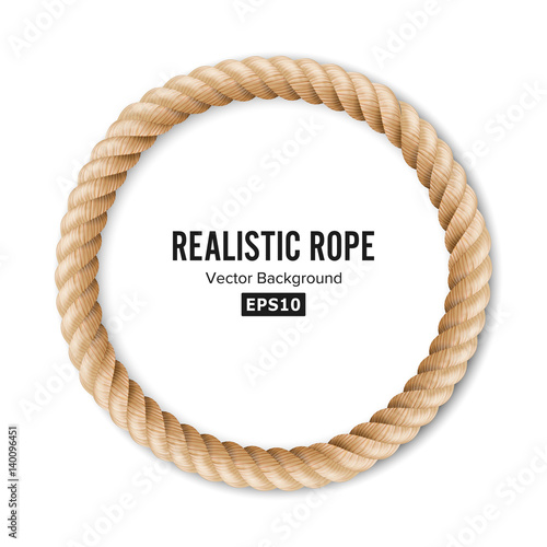 Realistic Rope Vector. 3D Circular Rope Isolated On White Background. Illustration Of Twisted Nautical Thick Line. Graphic String Cord With Soft Shadow.