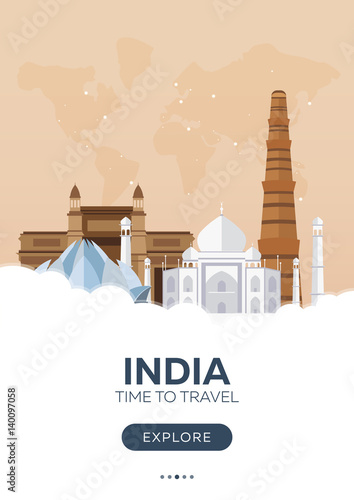 India. Time to travel. Travel poster. Vector flat illustration.