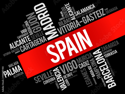 List of cities in Spain word cloud, Spanish municipalities, business and travel concept background