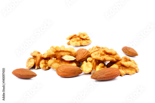 Healthy walnuts and almond isolated on white background