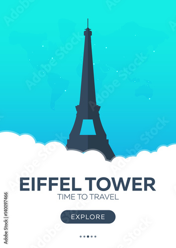 France. Eiffel tower. Time to travel. Travel poster. Vector flat illustration.