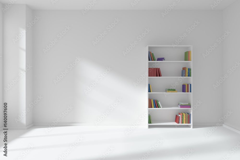 Empty white room with bookcase, minimalist interior Empty white room with bookcase, minimalist interior