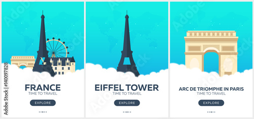 France. Time to travel. Set of Travel posters. Vector flat illustration.
