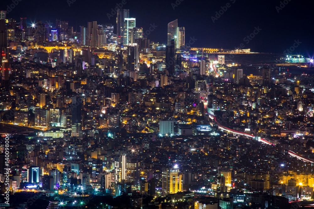 Modern city aerial view by night. Beirut cityscape. Modern city aerial view by night. Beirut cityscape.