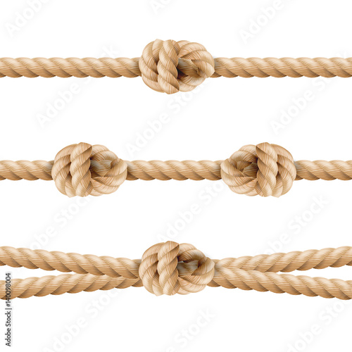Realistic Rope Line Eith Knot. Yellow Twisted Ropes Set, Isolated On White Background. Vector Illustration