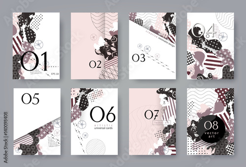 Set of templates A4 pages. Abstract monochrome geometric background. Collage of textures. Trendy compositions for business, technology and advertising. Modern style design. Vector illustration EPS-10.
