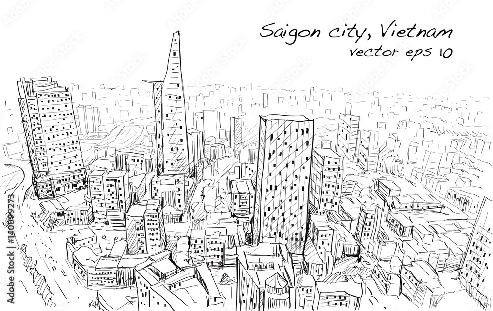 Sketch cityscape of Saigon city ( Ho Chi Mihn ) Vietnam show skyline and building, illustration vector