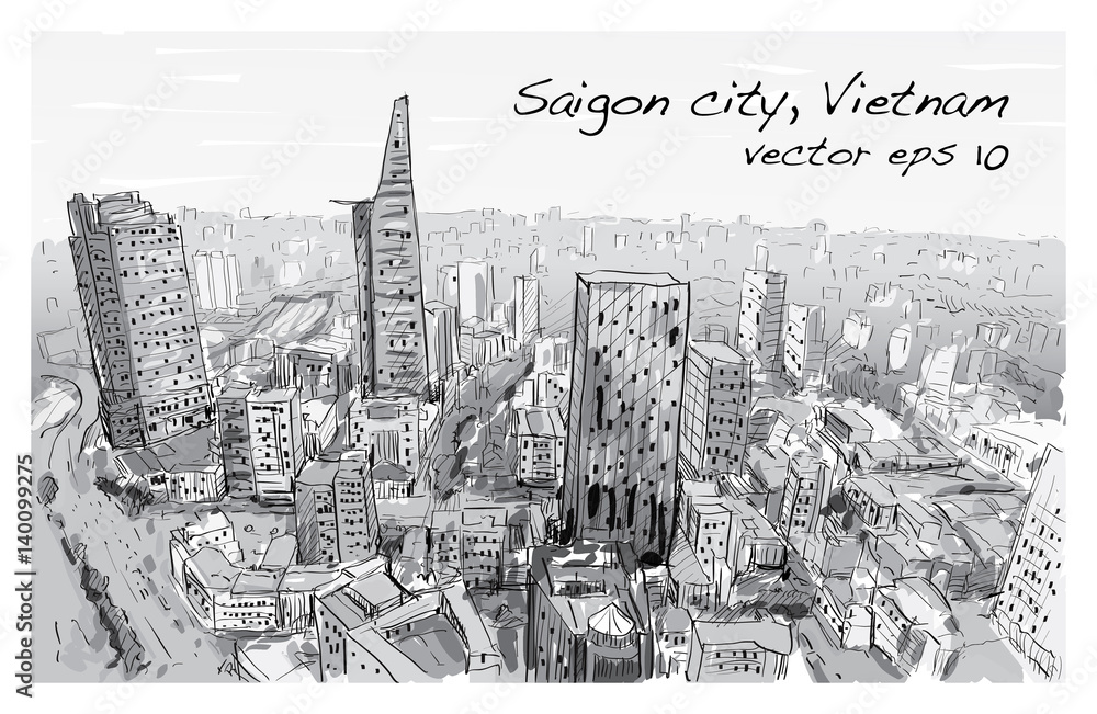 Sketch cityscape of Saigon city ( Ho Chi Mihn ) Vietnam show skyline and building, illustration vector