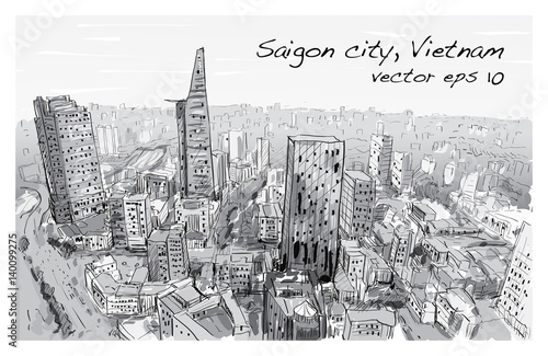 Sketch cityscape of Saigon city ( Ho Chi Mihn ) Vietnam show skyline and building, illustration vector