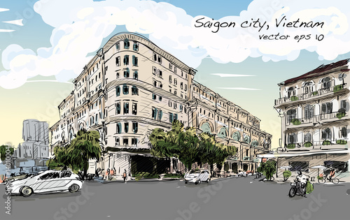 Sketch cityscape of Saigon city (Ho Chi Minh) show Union Square and Hotel Continental- modern and classic building, illustration vector