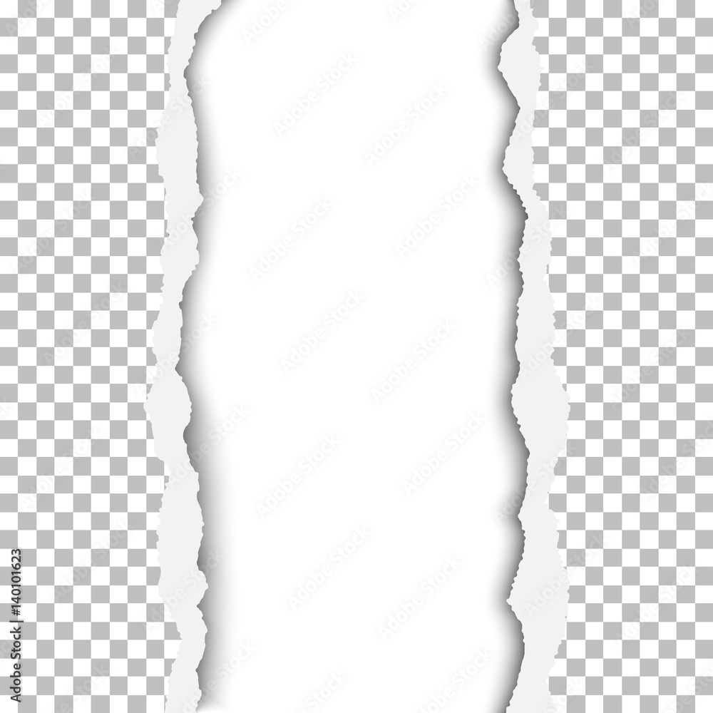 Vector ragged vertical lane in transparent and checkered paper sheet. Background of the resulting window is white. Edges of the hole have soft shadow. Template paper design. Vector ragged vertical lane in transparent and checkered paper sheet. Background of the resulting window is white. Edges of the hole have soft shadow. Template paper design.
