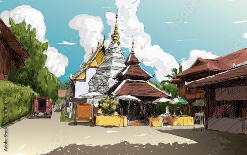 Sketch cityscape of Chiangmai, Thailand, show local temple Wat Doung Dee, illustration vector