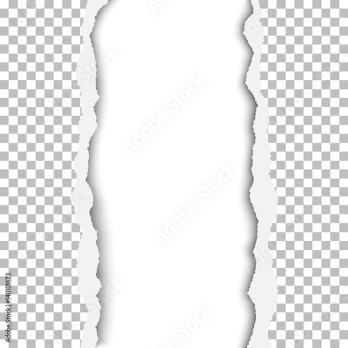Vector ragged vertical lane in transparent and checkered paper sheet. Background of the resulting window is white. Edges of the hole have soft shadow. Template paper design.