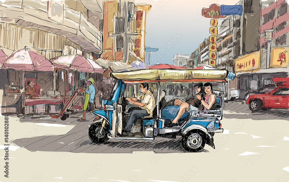Sketch cityscape of Chiangmai, Thailand, show local motor tricycle Tuk on street, illustration vector