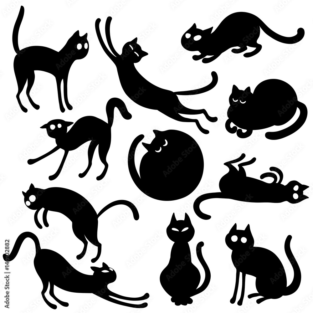 Vector set of 10 black cats in cartoon style Vector set of 10 black cats in cartoon style