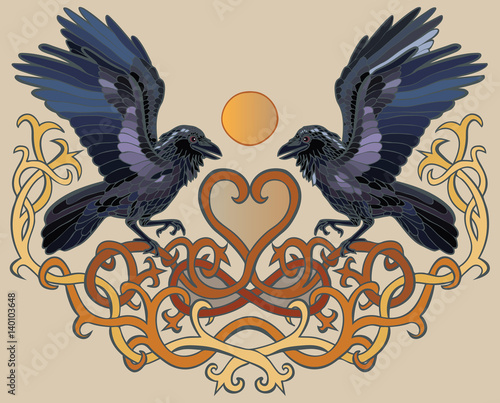 Vector illustration of ravens and heart Celtic ornament colorful