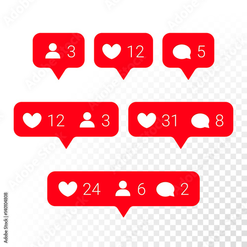 Notification application icons heart, message, friend request vector set