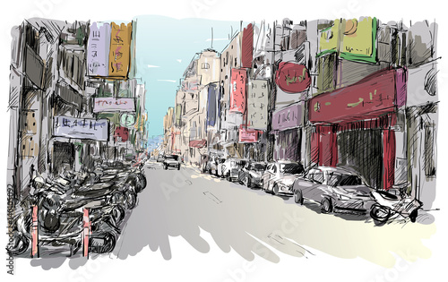 sketch of cityscape in Taiwan show urban street view market in Taipei, illustration vector