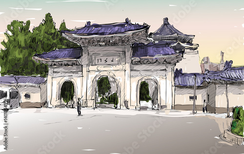 sketch of cityscape in Taiwan Taipei show old temple door, illustration vector
