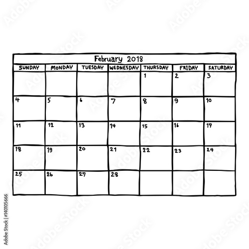 calendar February 2018 - vector illustration sketch hand drawn with black lines, isolated on white background