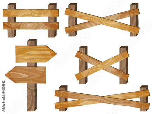 Fence, wooden signboards, arrow sign. Barrage, stop sign.