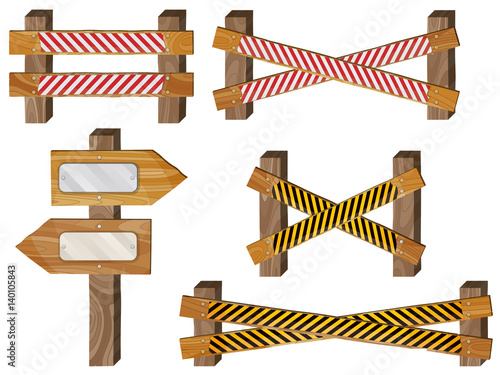 Fence, wooden signboards, arrow sign. Barrage, stop sign.