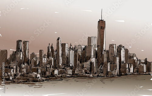 Sketch of cityscape in New York show Manhattan midtown with skyscrapers, illustration vector