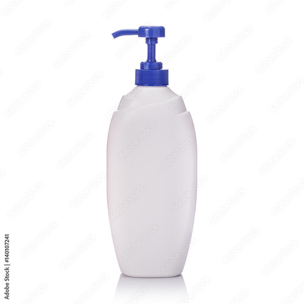 Blank white plastic pump bottle used for shampoo or soap. Studio shot isolated on white Blank white plastic pump bottle used for shampoo or soap. Studio shot isolated on white
