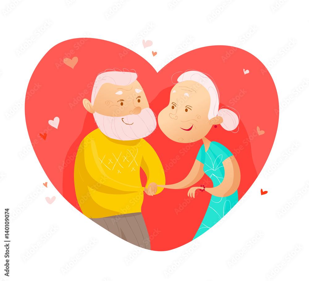 Vector flat portrait of old cute loving couple isolated on white background. Cartoon style. Love forever. Grandparents characters illustration. Happy people. Good for lovely postcard design. Vector flat portrait of old cute loving couple isolated on white background. Cartoon style. Love forever. Grandparents characters illustration. Happy people. Good for lovely postcard design.