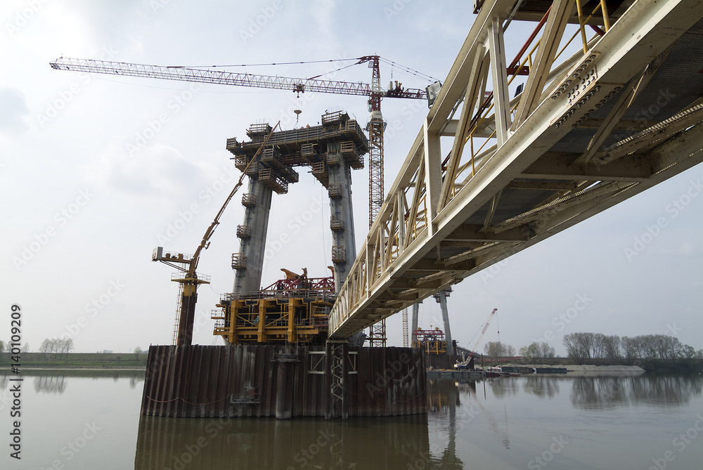 Construction site of the bridge on the river