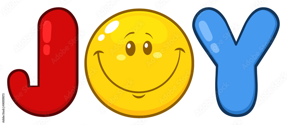 Joy Logo With Emoji Face Cartoon Character. Illustration Isolated On White Background Joy Logo With Emoji Face Cartoon Character. Illustration Isolated On White Background