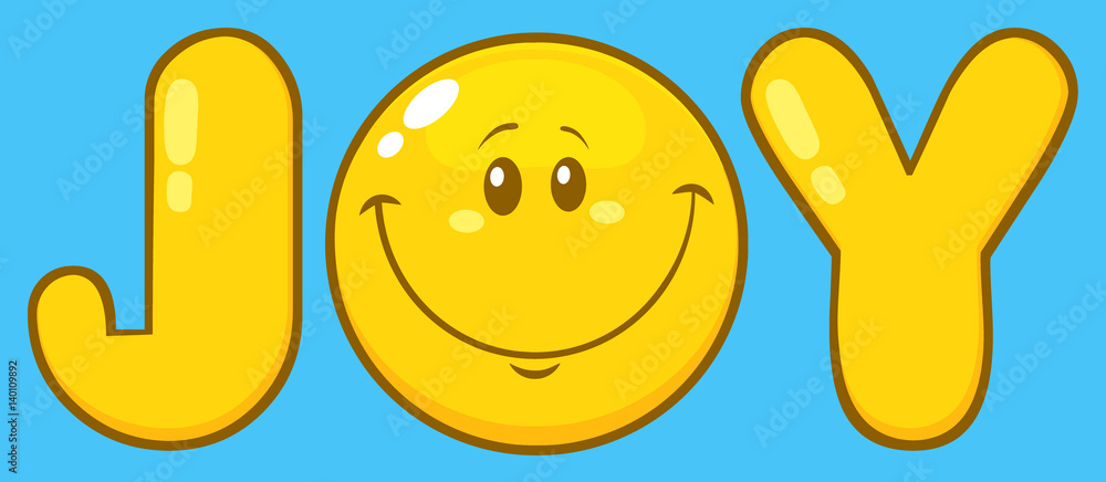 Joy Yellow Logo With Emoji Face Cartoon Character. Illustration With Blue Background Joy Yellow Logo With Emoji Face Cartoon Character. Illustration With Blue Background
