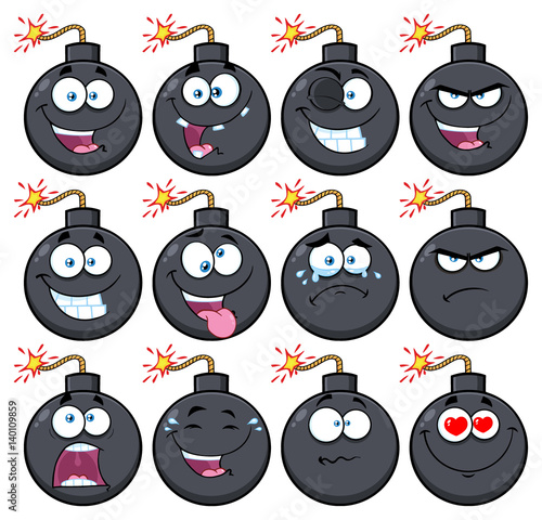 Bomb Face Cartoon Mascot Character With Emoji Expressions. Illustration Isolated On White Background