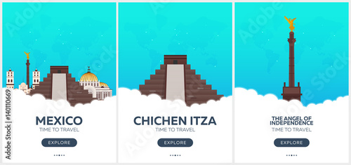 Mexico. Time to travel. Set of Travel posters. Vector flat illustration.