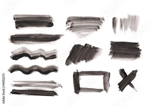 Set photo black watercolor hand painted brush strokes isolated on white background, grunge paper texture, (with clipping path)