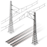 Vector railway in isometric 3d perspective isolated on white background with railroad train power lines. Pylons with trolley. Industrial transportation building. Metallic track architecture with frets